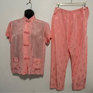 Vintage 50s Chinese Pink Satin Floral Jacquard Pajama Print 2 Pc Set Top Pant M